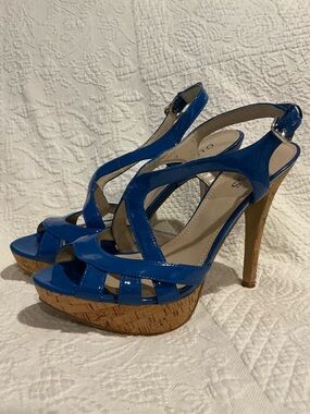 🤎 Guess Aleena Blue Open Toe Slingback Platform Pump Sandal 5” Cork Heel - 8